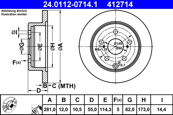 Disco de freno ATE 24.0112-0714.1 · Toyota RAV4 2005–2013