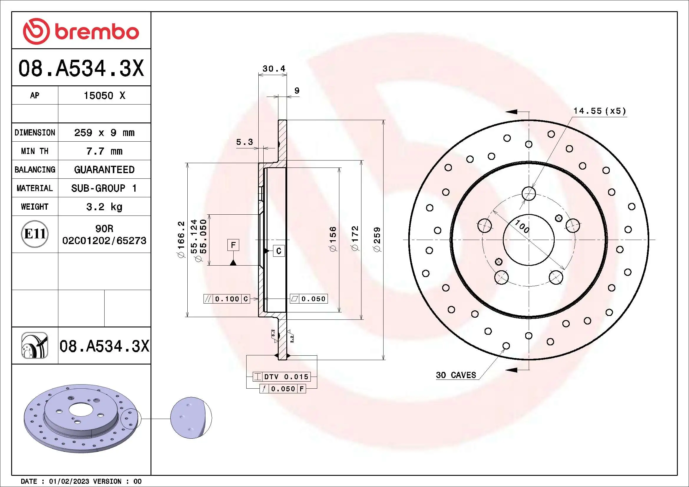 Disco de freno BREMBO 08.A534.3X · Toyota Corolla 2006–2014