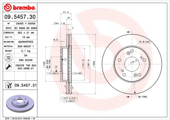 Disco de freno BREMBO 09.5457.30 · Honda Civic 2005–2012