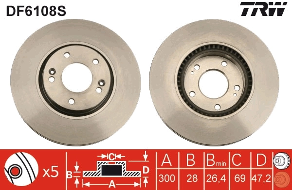 Disco de freno TRW DF6108S · Hyundai Tucson 2004–2010, KIA Sportage 2010–2015